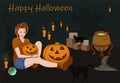 Woman with cat and pumpkins in dark room Halloween background vector illustration Royalty Free Stock Photo
